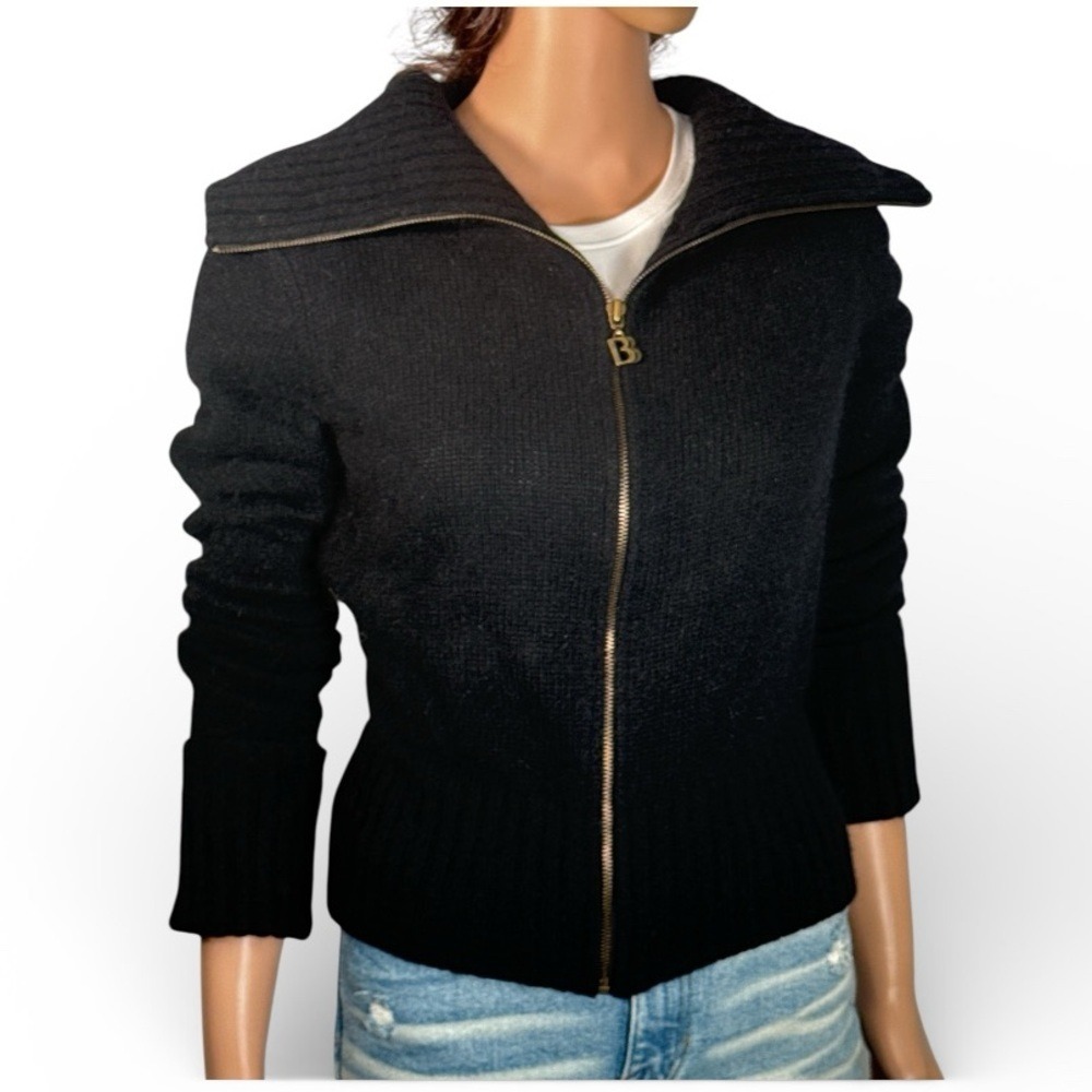 Bisou Bisou Michele Bohbot Black Lambswool Angora Zip Up Sweater Cardigan Large